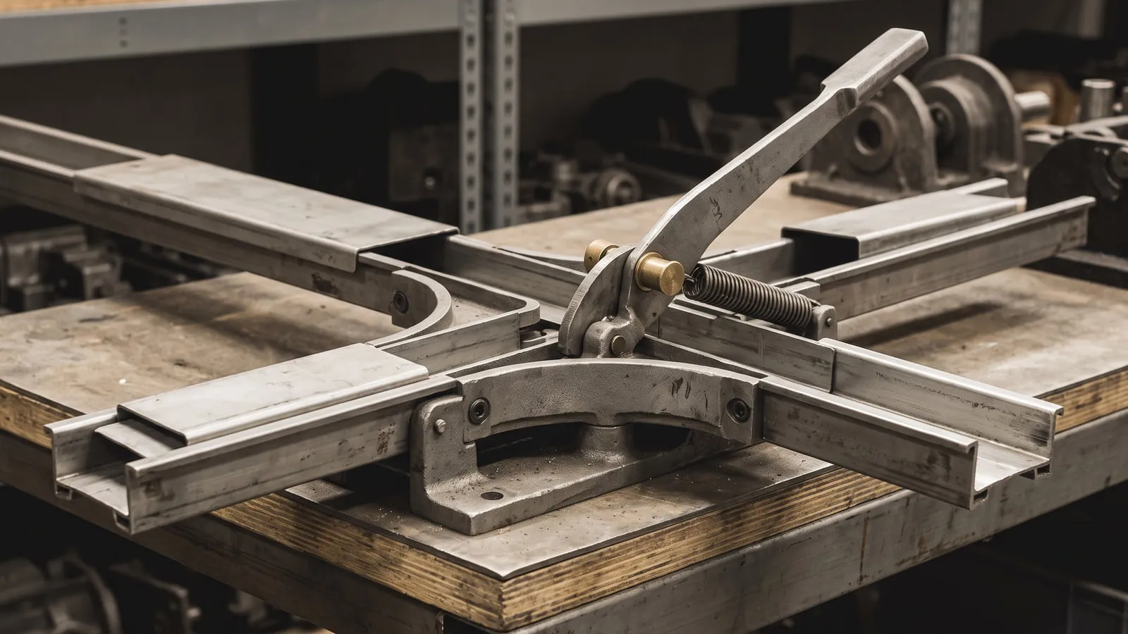 Two steel channel rails crossing on a workbench above a cast switch plate with a spring-loaded lever, a single brass pivot boss catching the light where they cross.