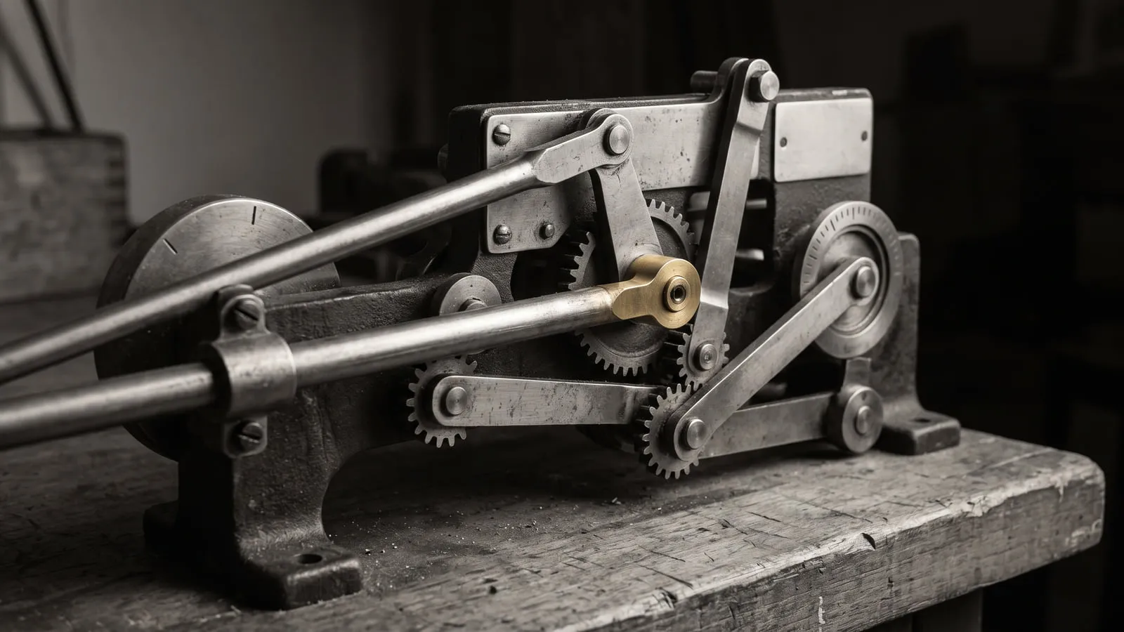 A cast-iron linkage machine on a worn wooden bench: connecting rods driving a train of meshed steel gears, with one brass coupling at the joint where the rods meet.