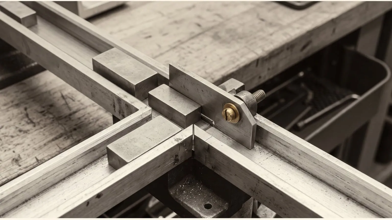 Machined steel guide rails on a workbench, adjustable stops stepping inward to leave a single narrow channel, with one brass bushing on the clamp that sets the width.